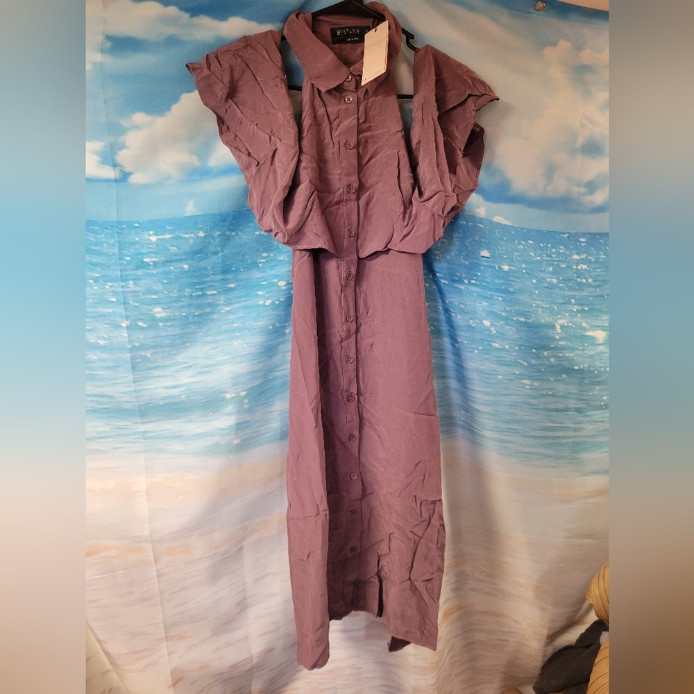ST Studio‎ NWT Supertrash Dusty Grape Open Shoulder Shirt Dress Size 42